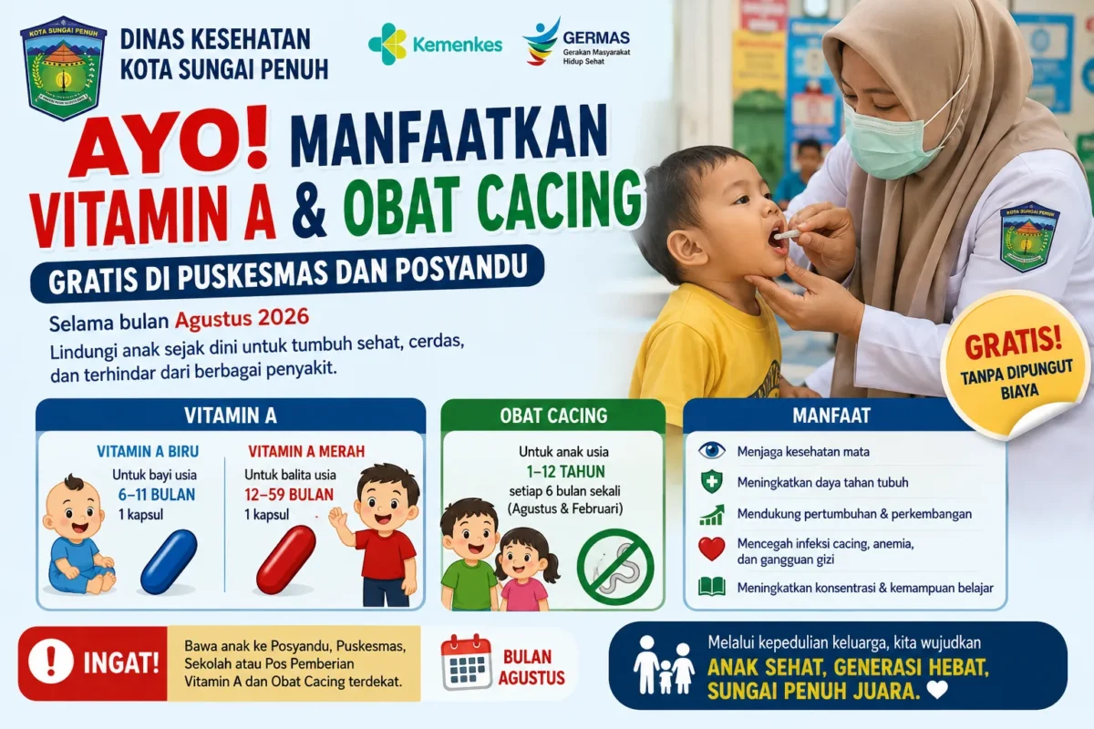 Jangan Terlewat! Dinkes Sungai Penuh Bagikan Vitamin A dan Obat Cacing Gratis Selama Agustus
(Foto: rri/AI)